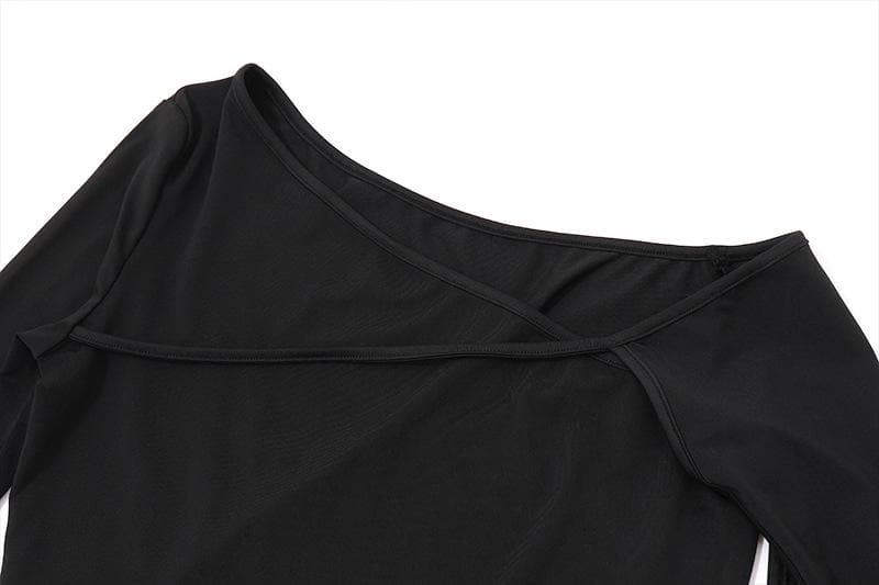 Long sleeve one shoulder button hollow out  irregular solid cut out top