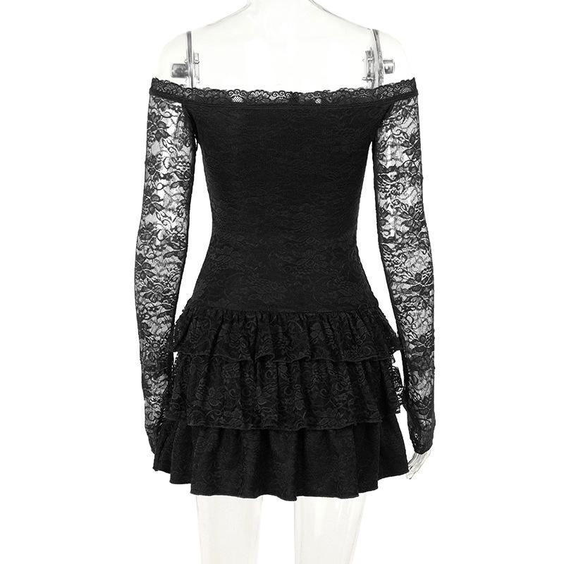Long sleeve off shoulder lace ruffle mini dress