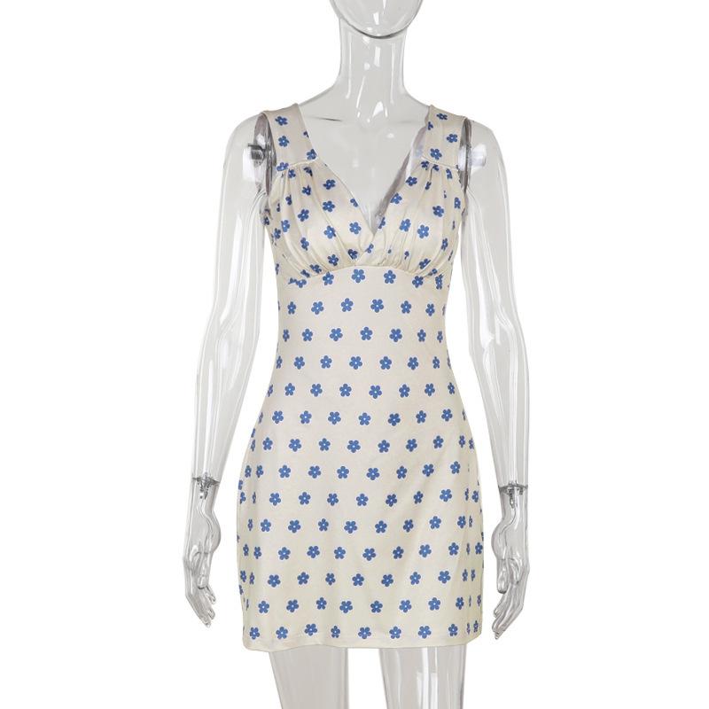 V neck sleeveless ruched flower print mini dress