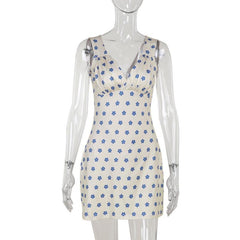 V neck sleeveless ruched flower print mini dress