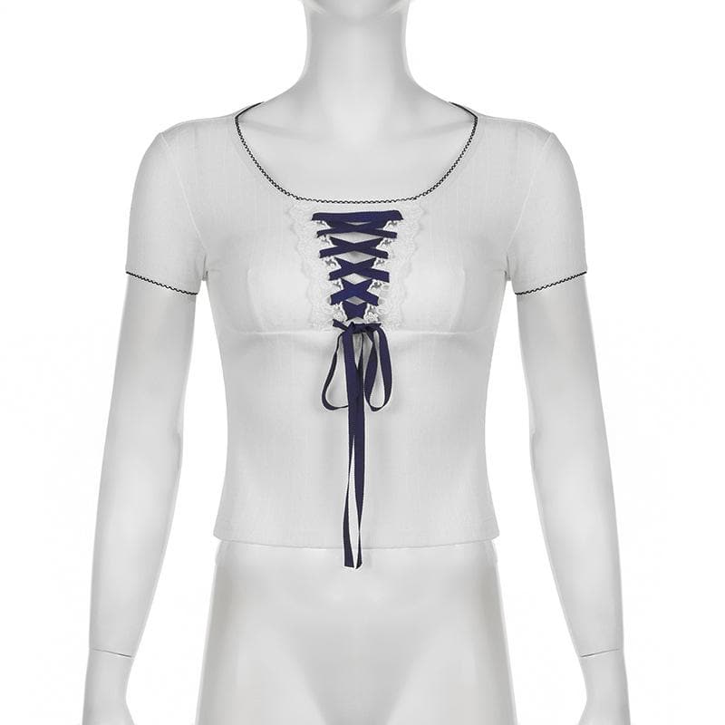 Short sleeve lace up textured lace hem top