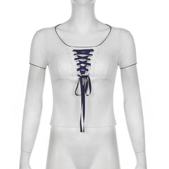 Short sleeve lace up textured lace hem top