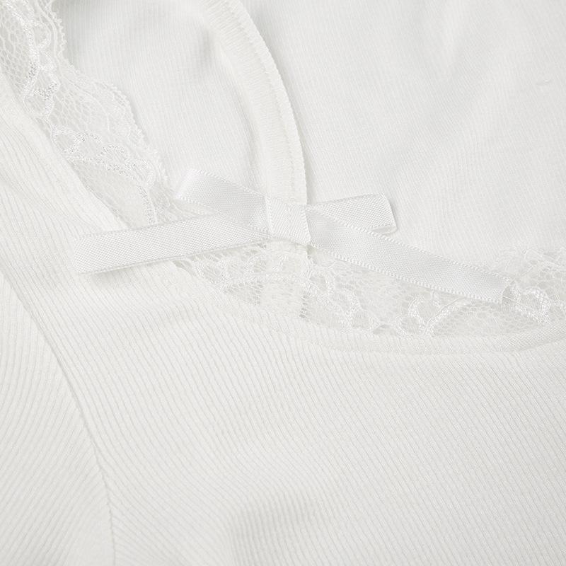 Short sleeve lace hem ribbed bowknot button crop top