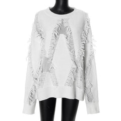 Long sleeve crewneck tassels knitted top