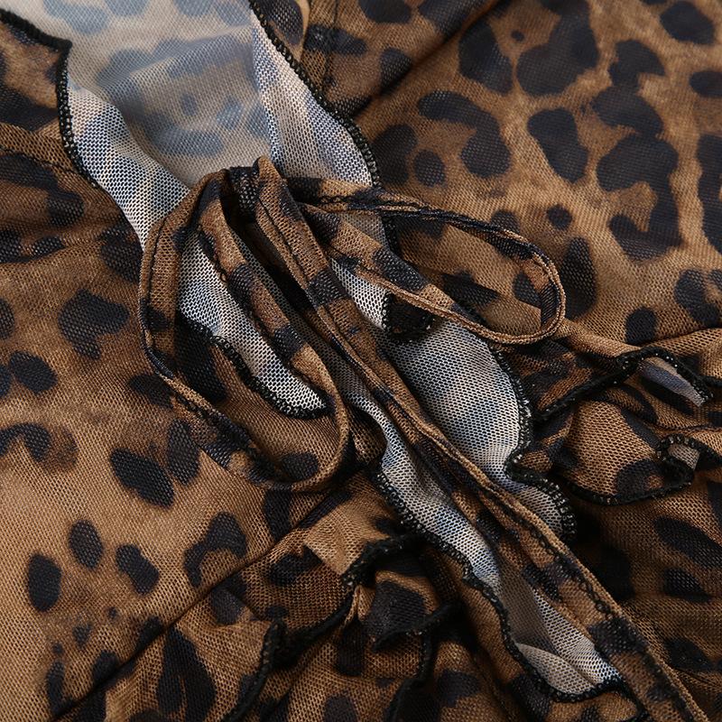 Leopard print long flared sleeve mesh ruffle self tie top