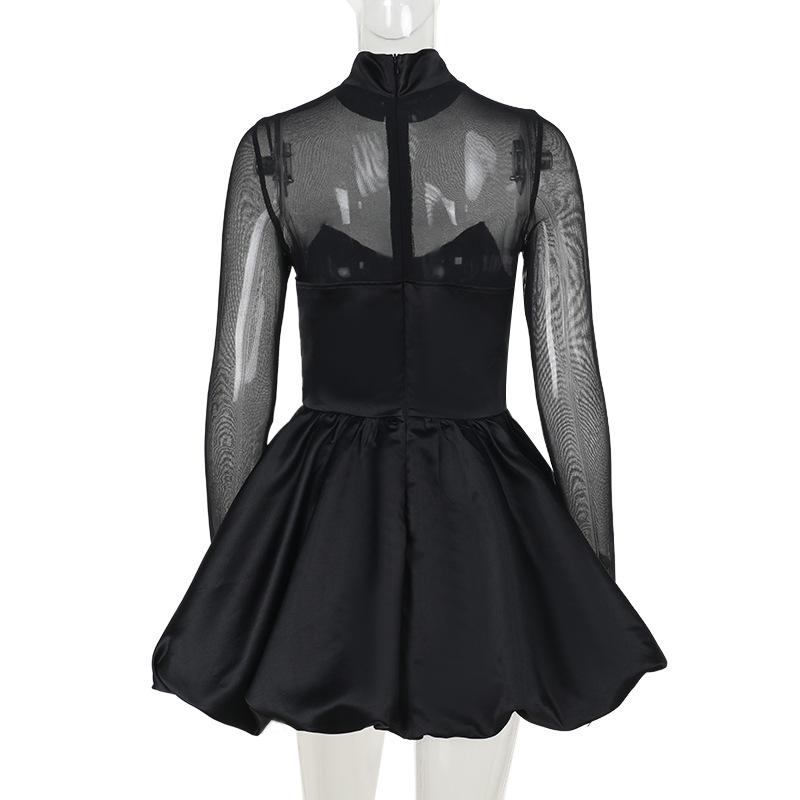 Long sleeve high neck zip-up mesh patchwork mini dress