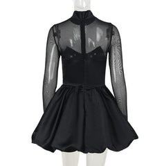 Long sleeve high neck zip-up mesh patchwork mini dress