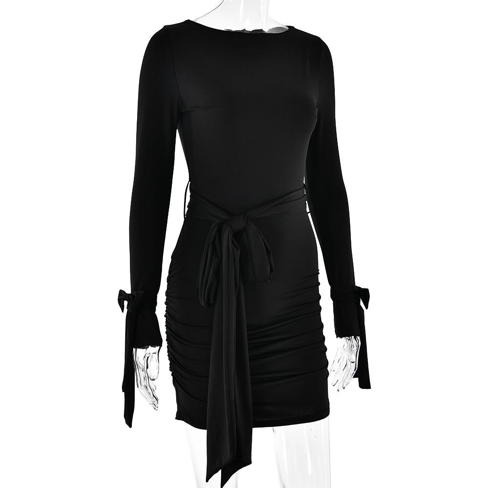 Long sleeve bowknot ruched knotted mini dress