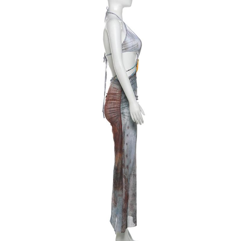 Halter self tie deep V neck sheer mesh shell applique maxi dress  | samba dress