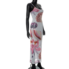 Sheer mesh flower print cami maxi dress  | samba dress