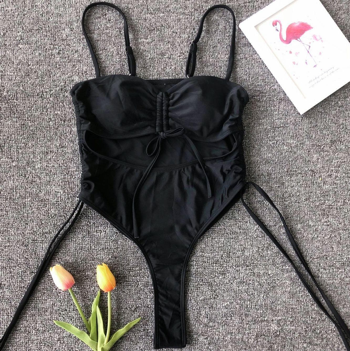 Hollow out drawstring one piece swimwear bikini