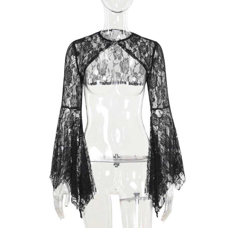 Long flared sleeve lace rhinestone applique shrug