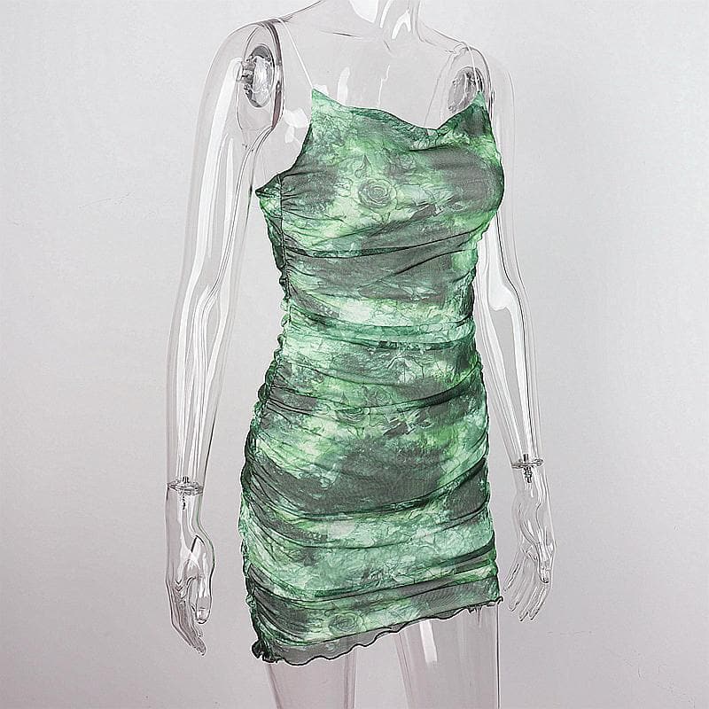 Sheer mesh tie dye print spaghetti strap cowl neck cami dress  | samba dress
