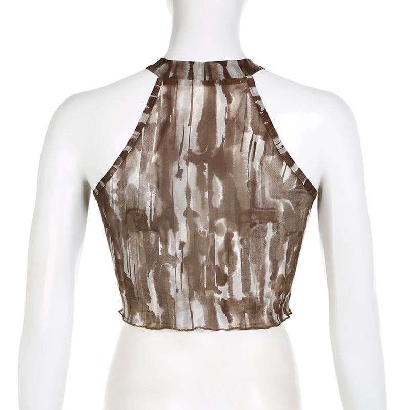 Tie dye halter metal tag contrast mesh sleeveless crop top