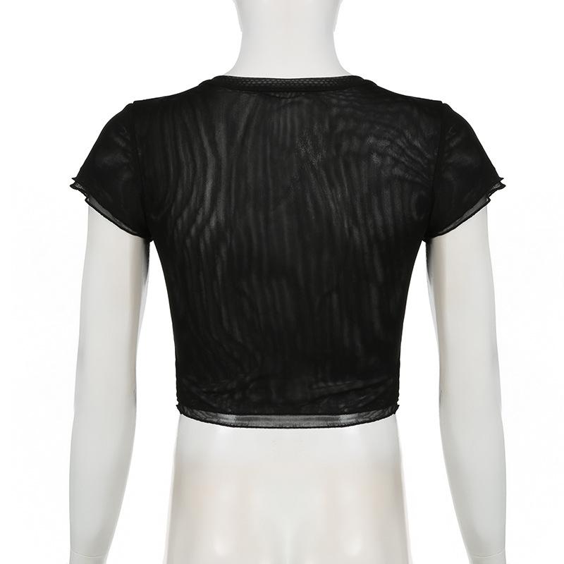 Short sleeve sheer mesh ruffle crop top