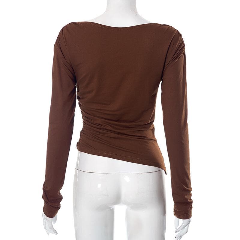 Cowl neck long sleeve solid off shoulder ruched top