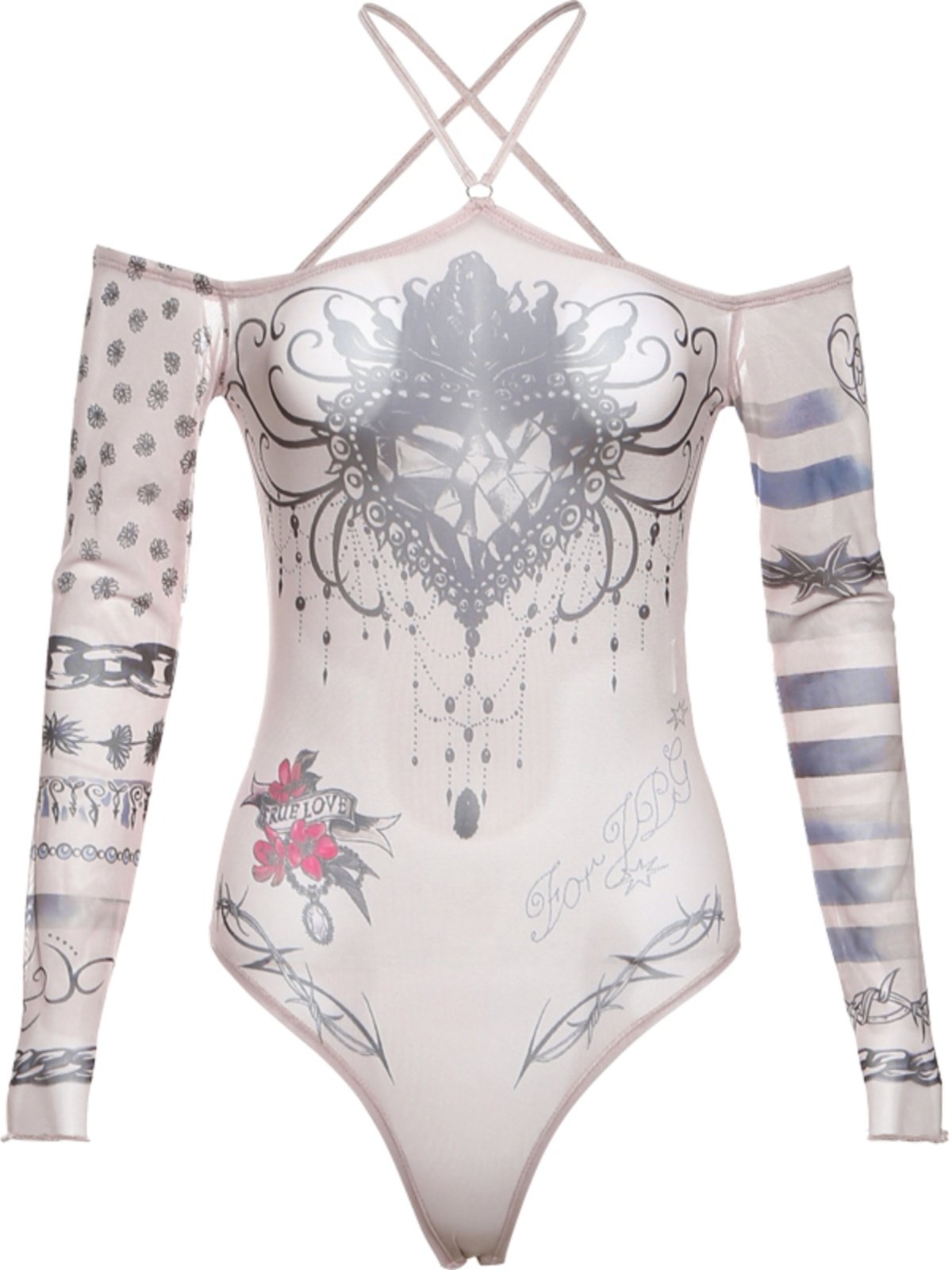 Halter long sleeve abstract mesh bodysuit