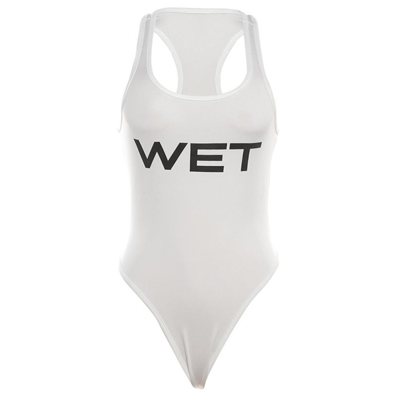U neck “WETâ€?pattern sleeveless contrast tank bodysuit