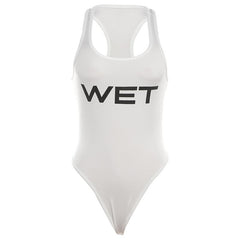 U neck “WETâ€?pattern sleeveless contrast tank bodysuit