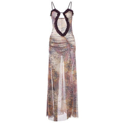 Sheer mesh hollow out ruched high slit cami cut out maxi dress  | samba dress