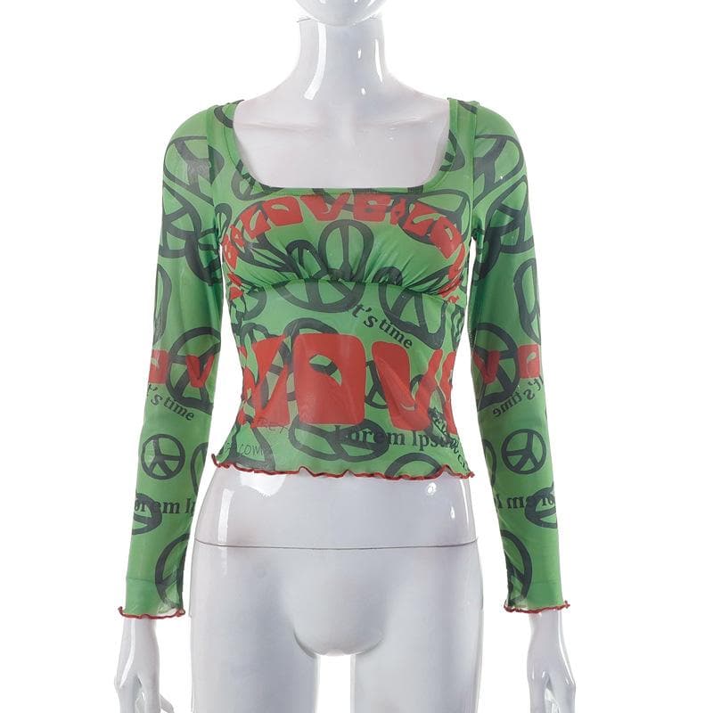 Long sleeve sheer mesh see through ruffle contrast print crop top