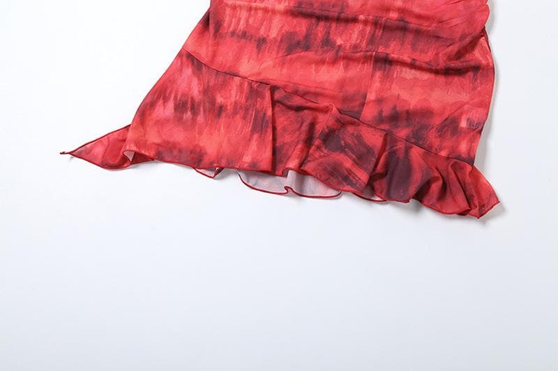Halter ruched tie dye ruffle backless mini dress  | red tango dress