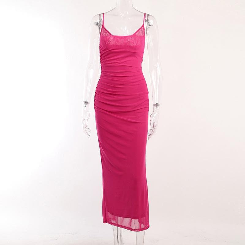 Mesh ruched slit square neck solid backless cami midi dress  | red tango dress