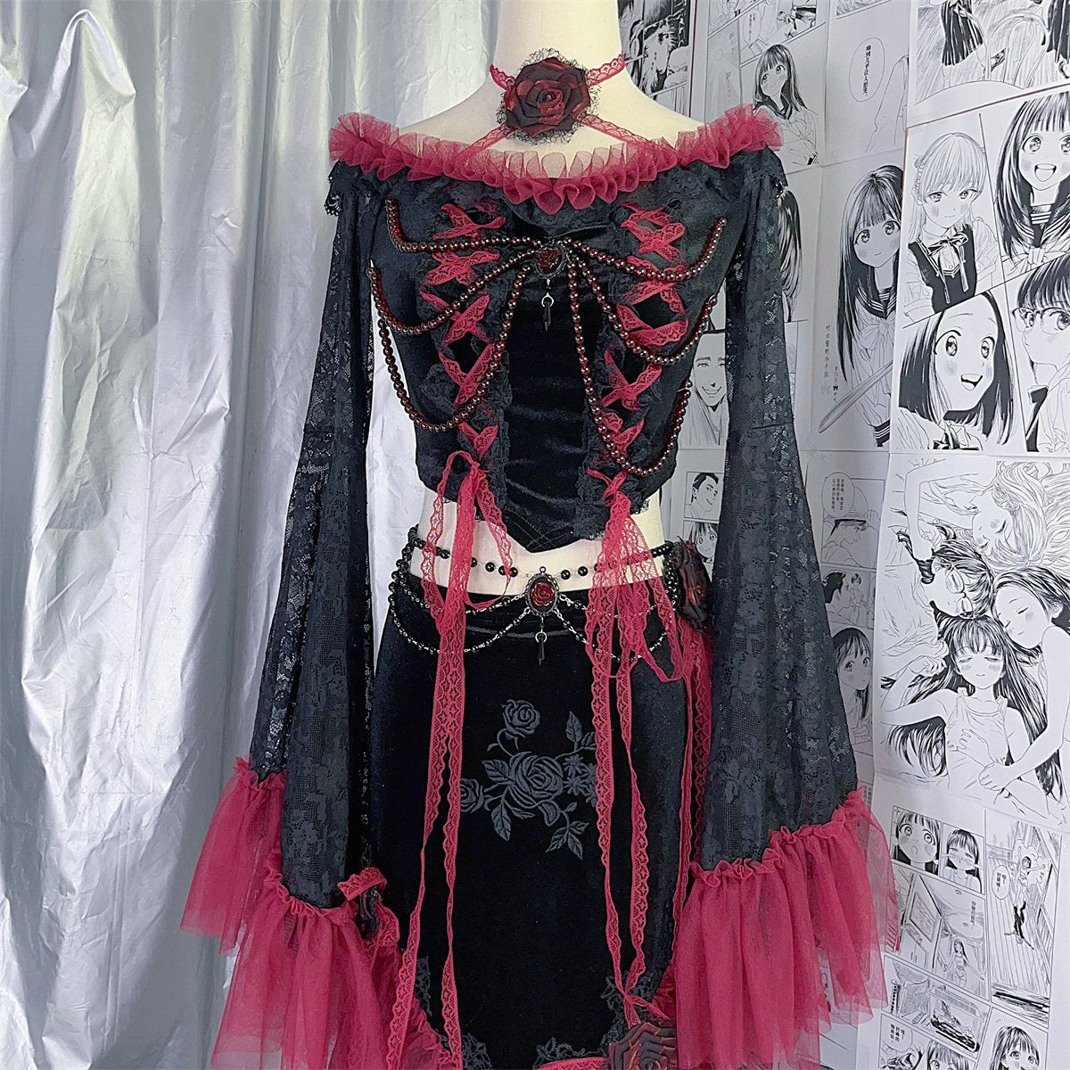 Long flared sleeve embroidery mesh flower applique maxi skirt set