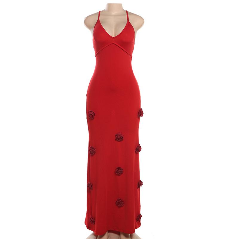 V neck flower applique cross back cami maxi dress  | red tango dress