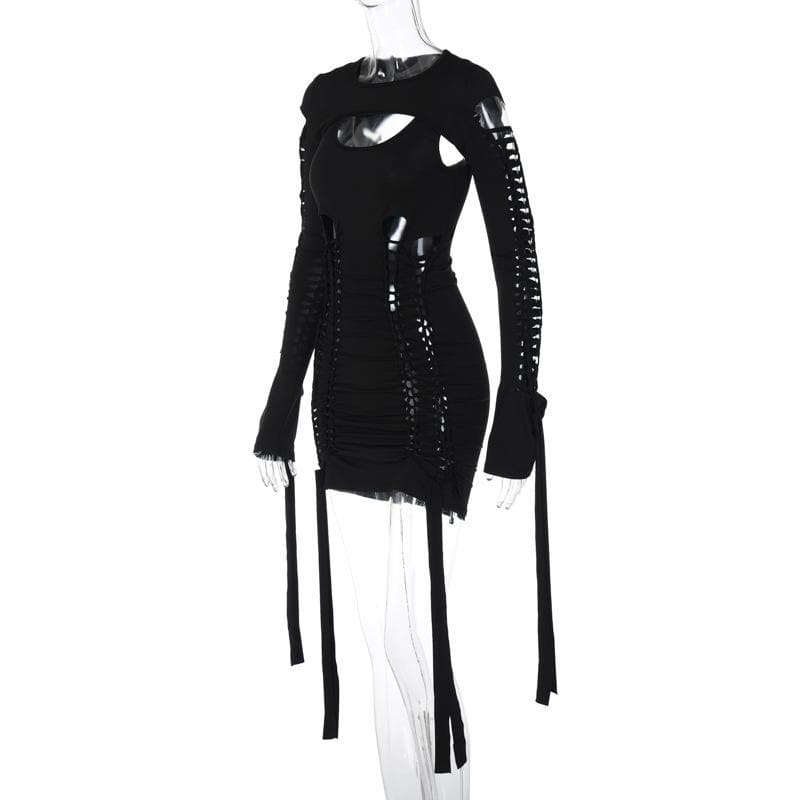 Hollow out solid long sleeve shrug ribbon u neck 2 piece dress  | red tango dress
