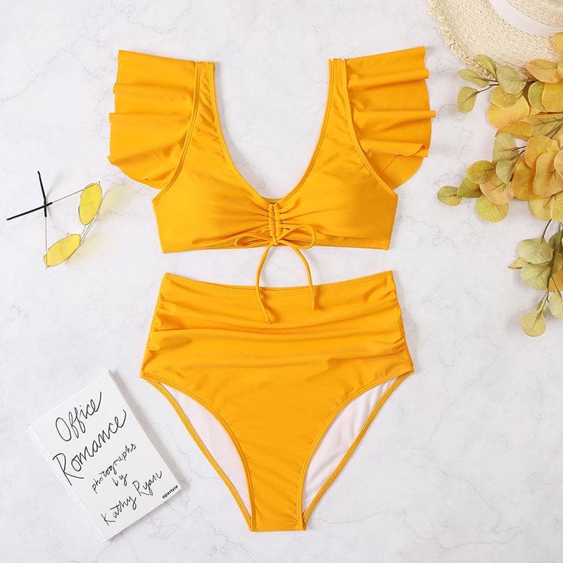 Padded ruffle cap sleeve drawstring solid ruched bikini swimwear