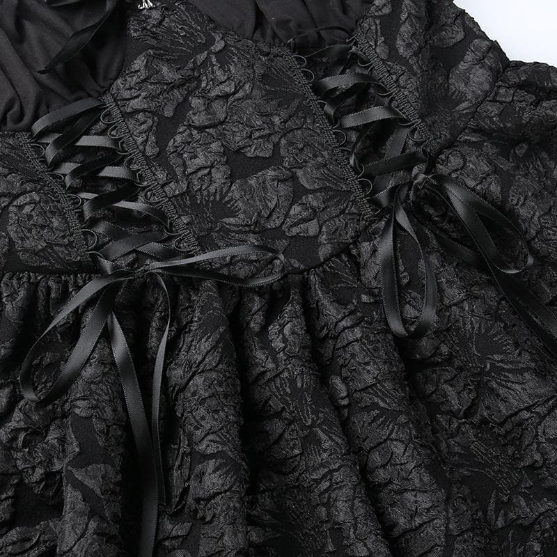 Textured cross applique ruffle halter zip-up lace up mini dress  | black rave dress