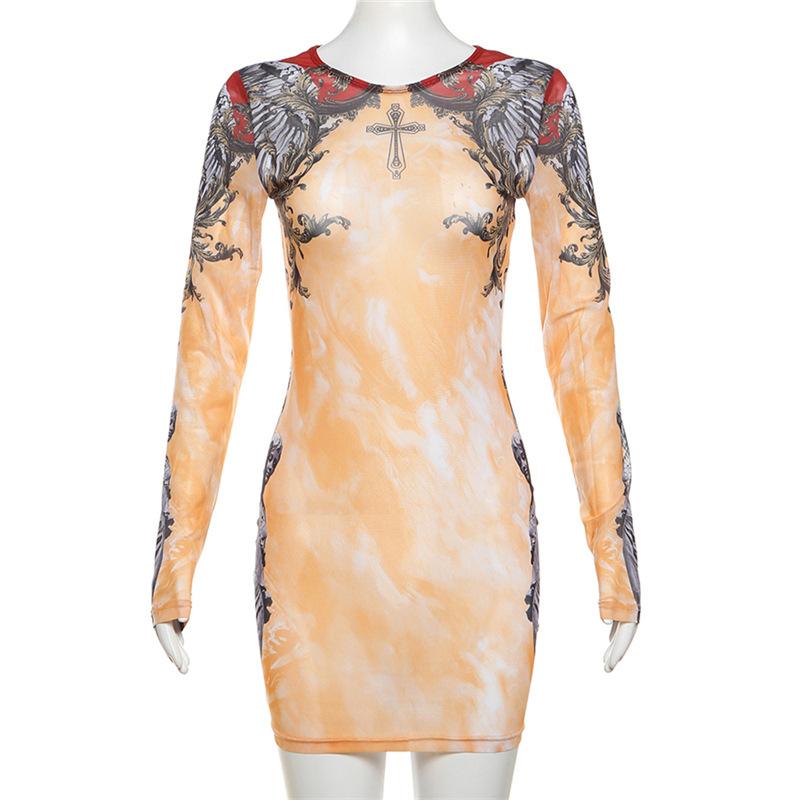 Long sleeve crewneck print sheer mesh mini dress  | samba dress
