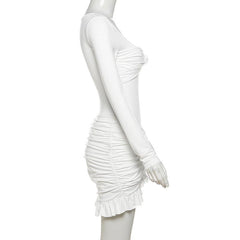 Long sleeve u neck ruched ruffle mini skirt set