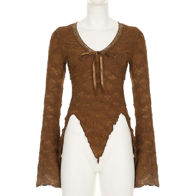 Long flared sleeve textured lace hem ruffle top