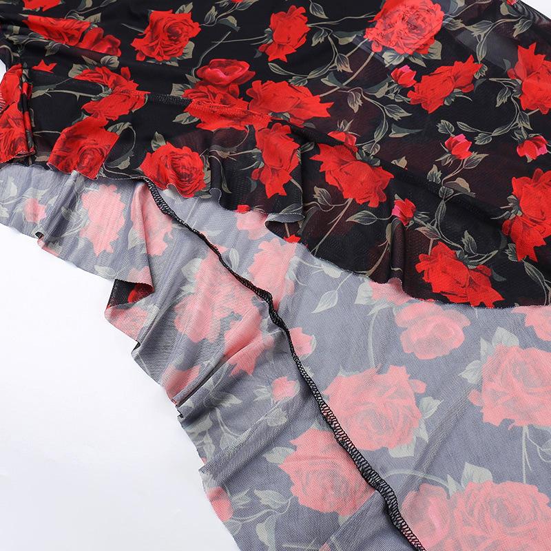 Sweetheart neck ruffle print irregular cami midi dress  | red tango dress
