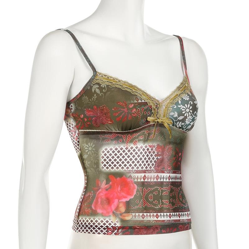 Bowknot v neck print mesh lace cami top