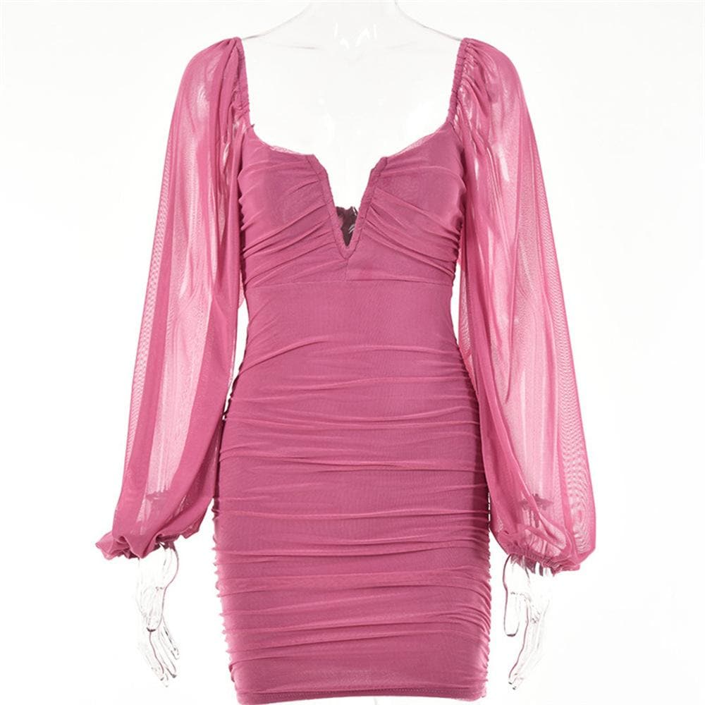 Mesh solid long sleeve ruched notch neck zip-up mini dress  | red tango dress