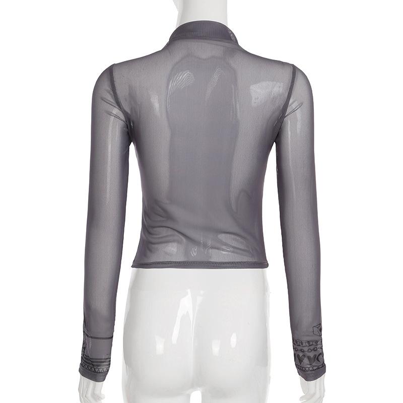High neck long sleeve mesh butterfly print top
