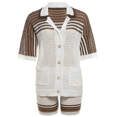Turnover collar short sleeve button hollow out pant set