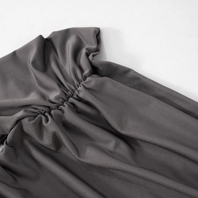 Off shoulder long sleeve slit ruched maxi dress