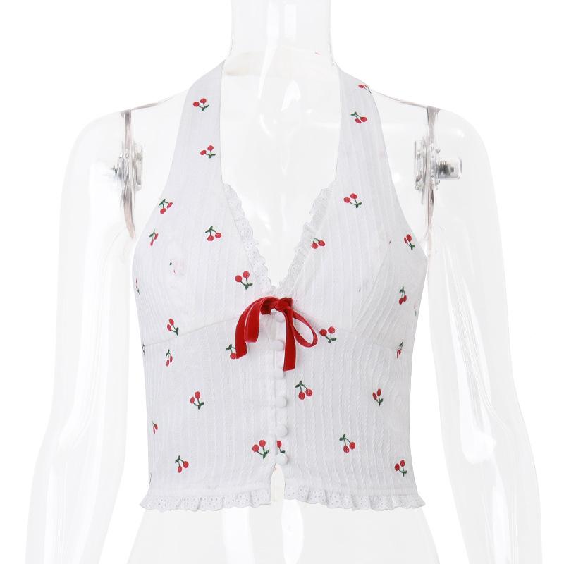 Halter fruit print button ruffle knotted textured top