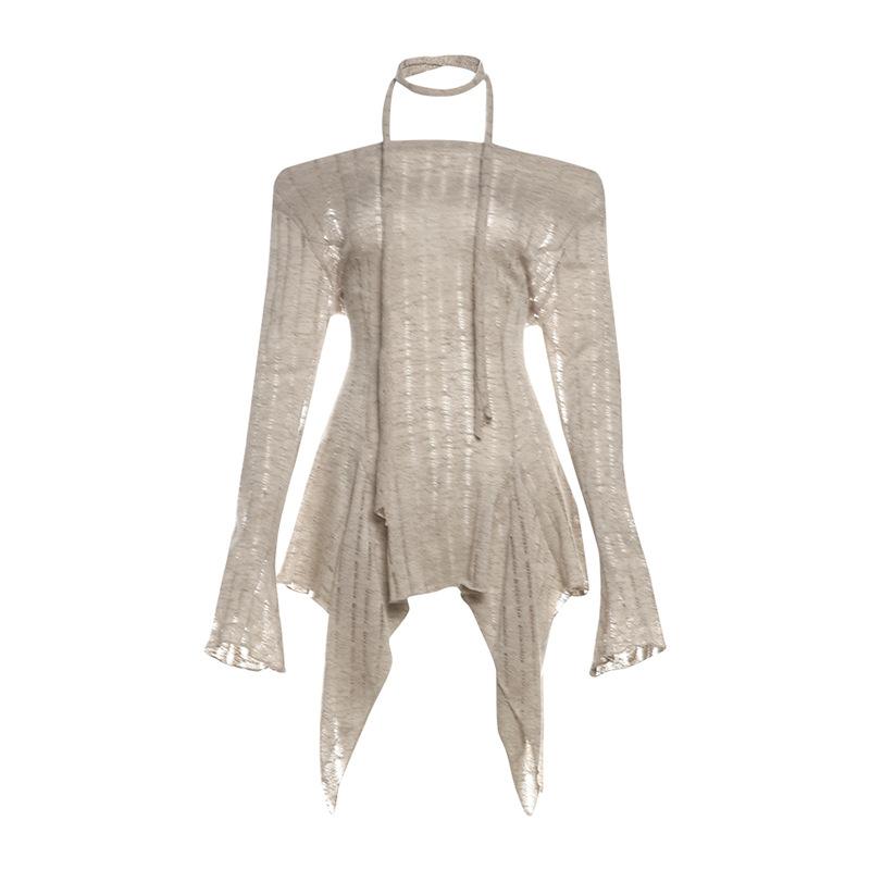 Off shoulder long sleeve knitted ruffle top