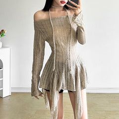 Off shoulder long sleeve knitted ruffle top
