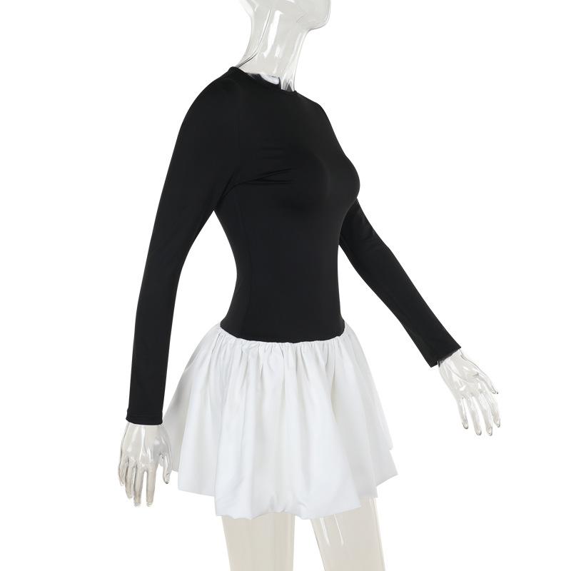 Long sleeve crewneck patchwork mini dress