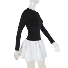 Long sleeve crewneck patchwork mini dress