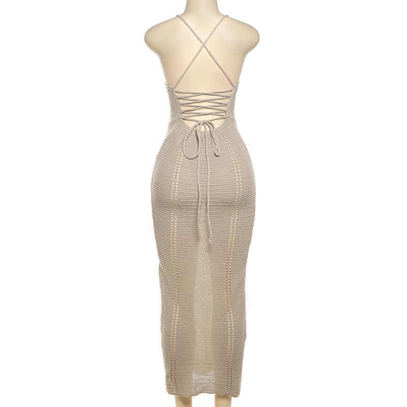 Deep u neck knitted lace up cross back cami midi dress  | black rave dress