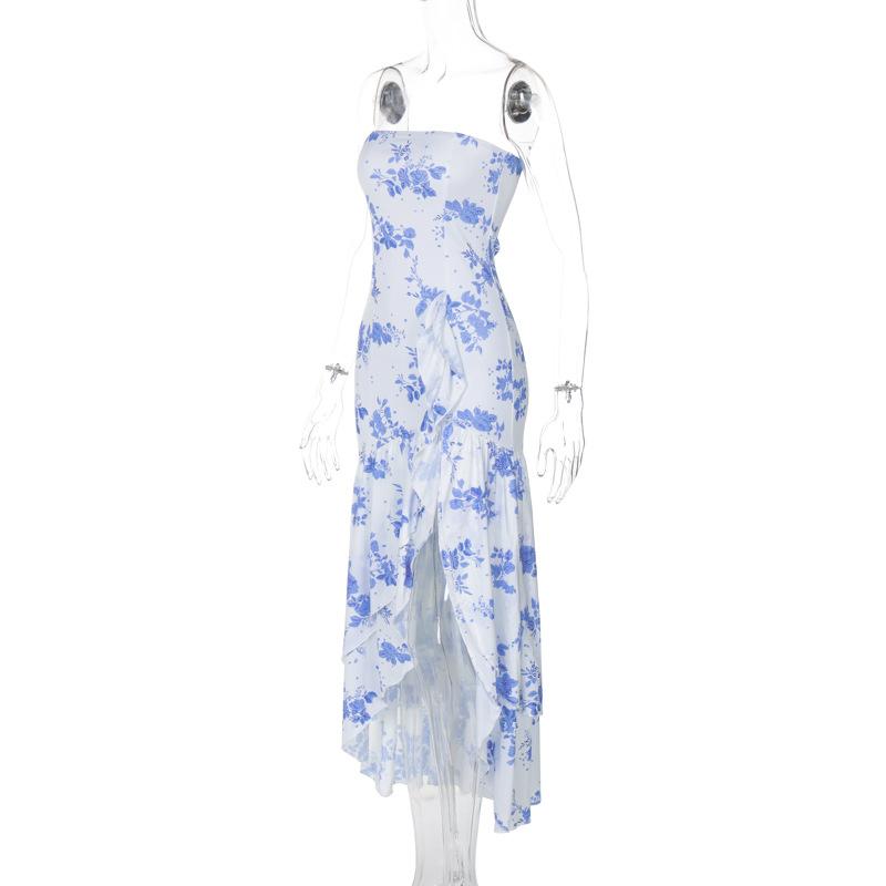 Print ruffle ruched high slit tube maxi dress