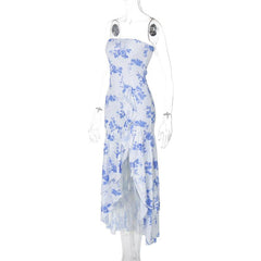 Print ruffle ruched high slit tube maxi dress