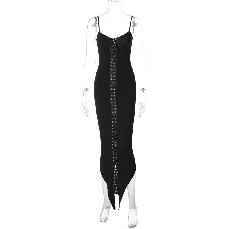Lace up PU leather patchwork cami midi dress